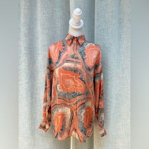 Escada Margaretha Ley abstract coral gray button down silk blouse